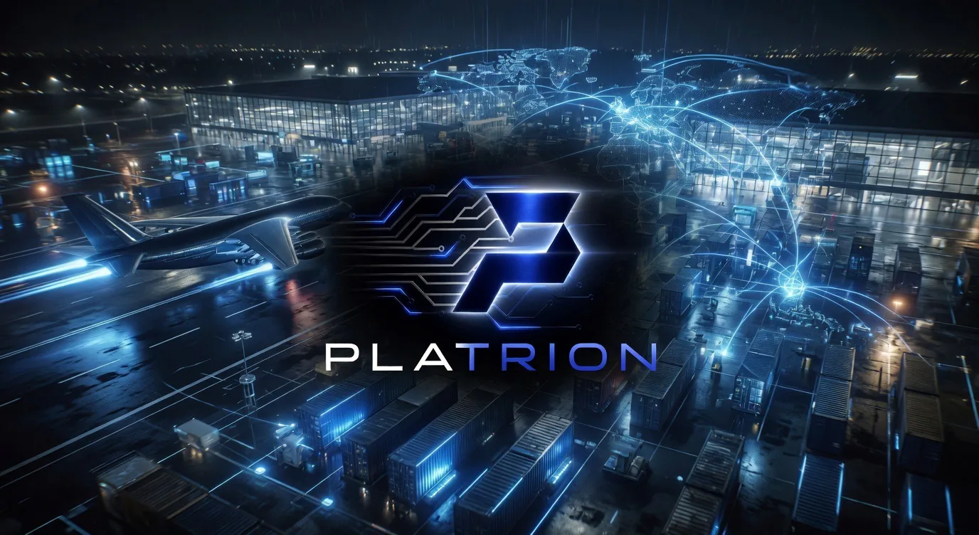 Flughafen Stuttgart bei Nacht mit startendem Flugzeug, vernetzte Container-Lager und global ausgehende blaue Datenlinien auf einer Weltkarte, Platrion Logo zentral