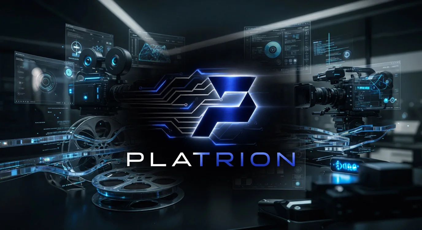 Hochwertige Filmkamera in einem dunklen Tech-Studio mit holografischen Dashboards, blauen Neonakzenten und Platrion Logo, Symbol für Premium-Design in Ludwigsburg