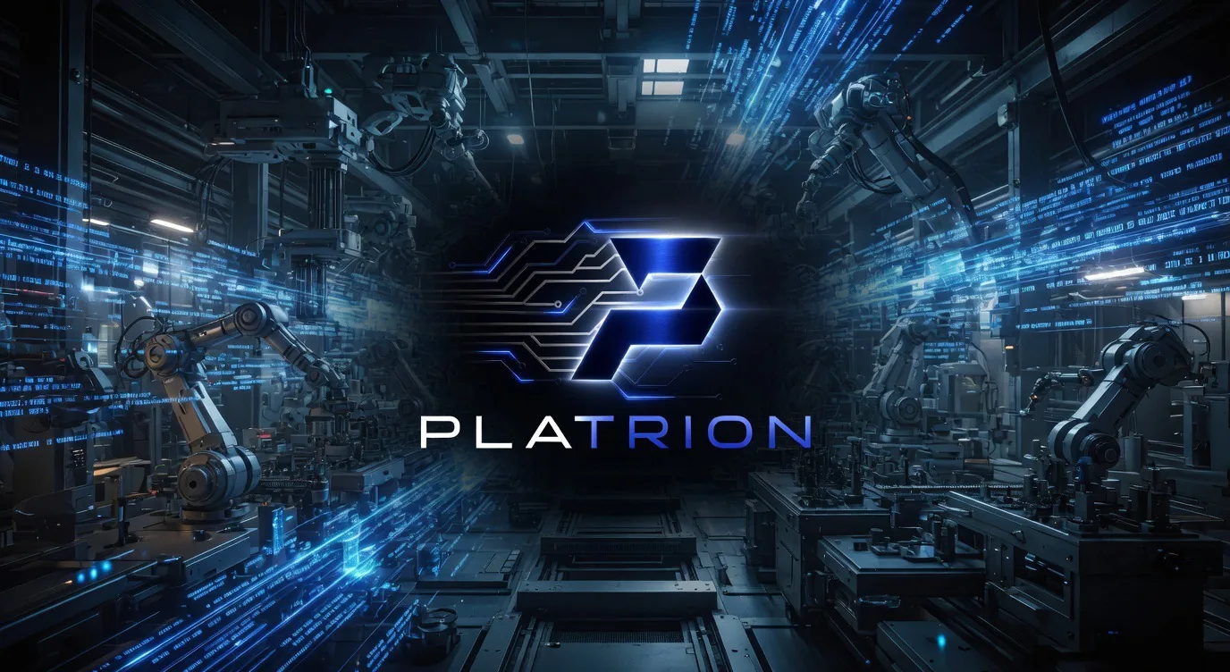 Industrielle Roboterarme in einer dunklen, neonblau beleuchteten Fabrikhalle, Datenströme im Hintergrund, Platrion Logo zentral als Zeichen für Automatisierung im Mittelstand