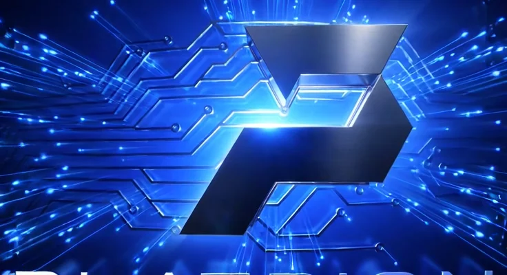 Platrion Logo-Reveal-Animation mit blauen Neon-Schaltkreisen und stilisiertem P-Logo auf dunklem Hintergrund, futuristisch und tech-orientiert