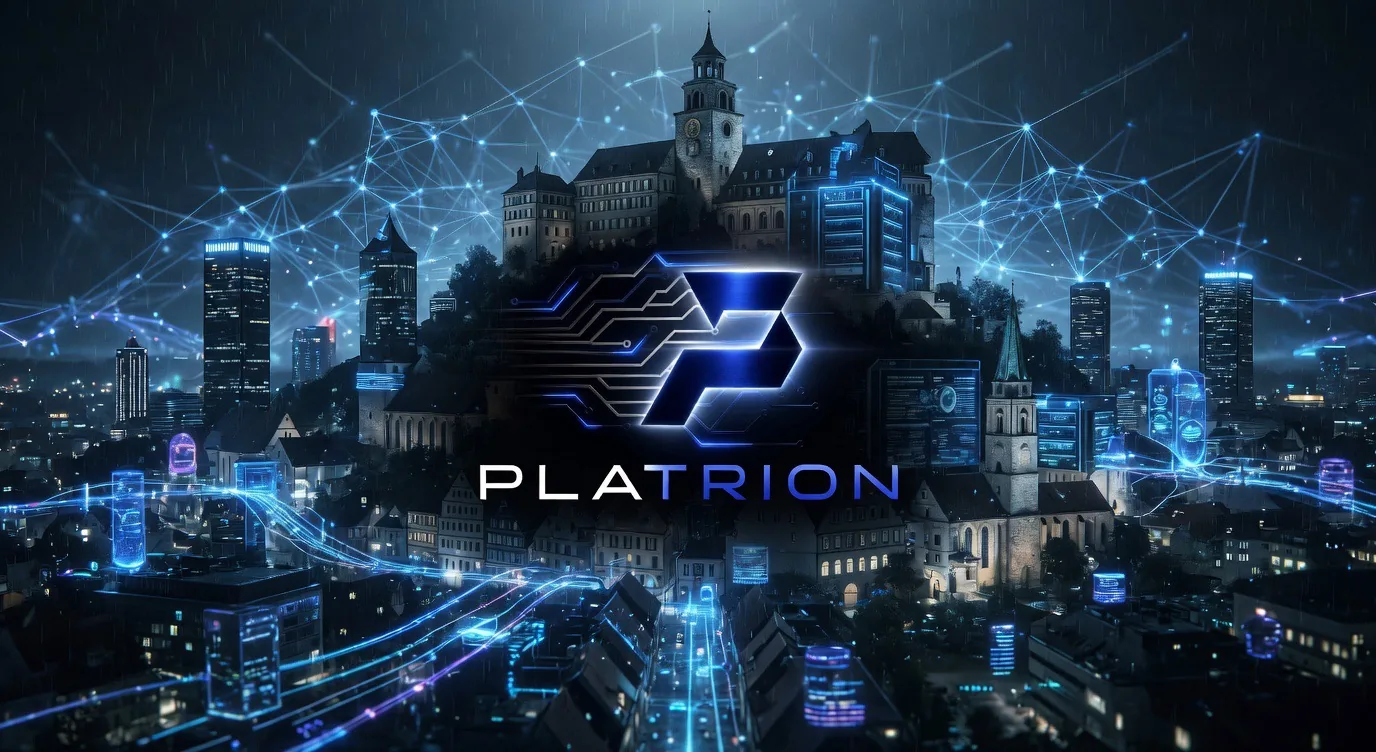 Tübinger Schloss Hohentübingen mit darüber liegendem neuronalem Netz, dunkle Nachtszene mit neonblauen Datenströmen, Platrion Logo zentral, Cyber Valley Symbolik