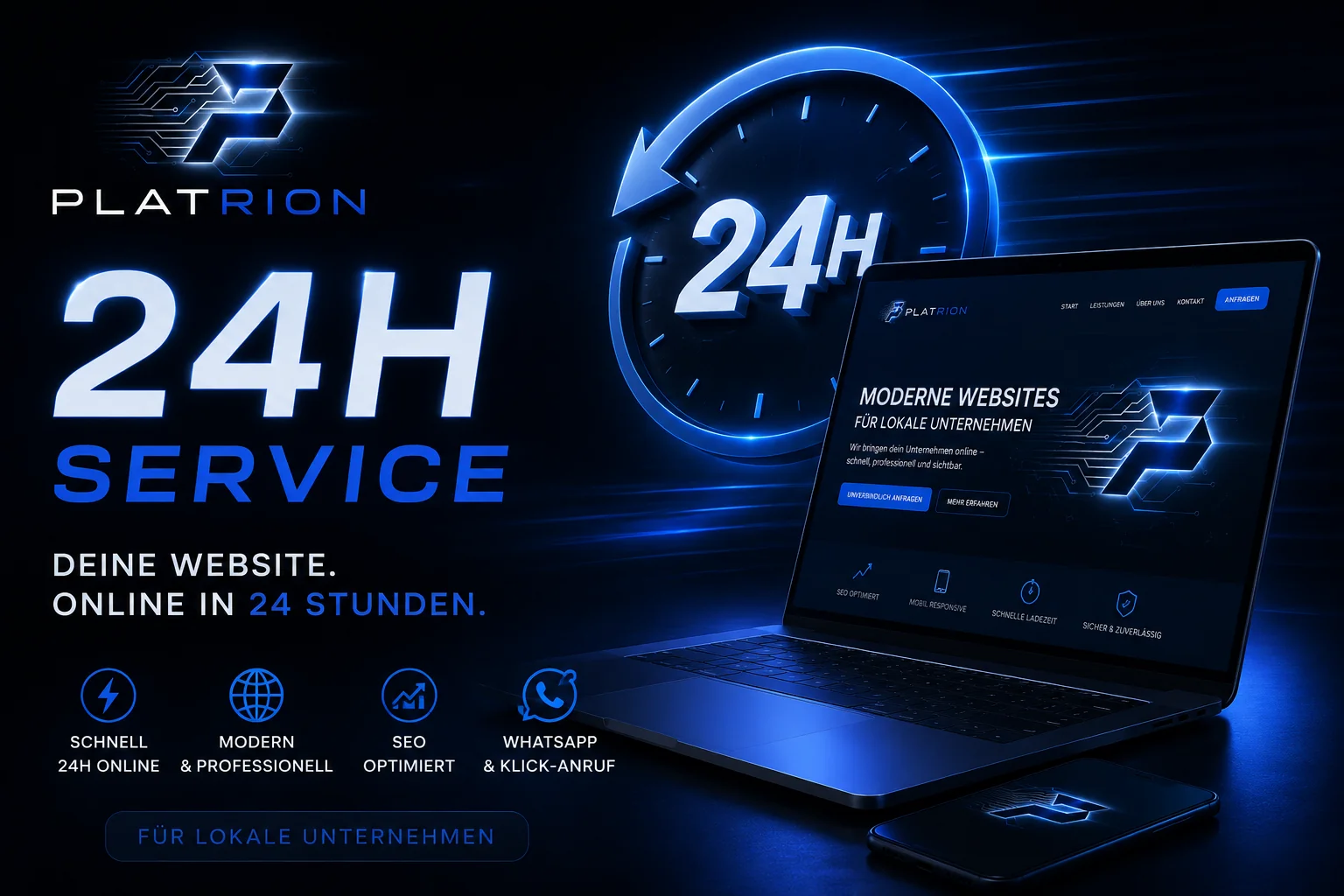 Platrion 24H Service: dunkles futuristisches Visual mit Platrion-Logo, blau leuchtender 24-Stunden-Uhr und modernem Laptop-Screen mit Webseite, Express Webdesign für lokale Unternehmen