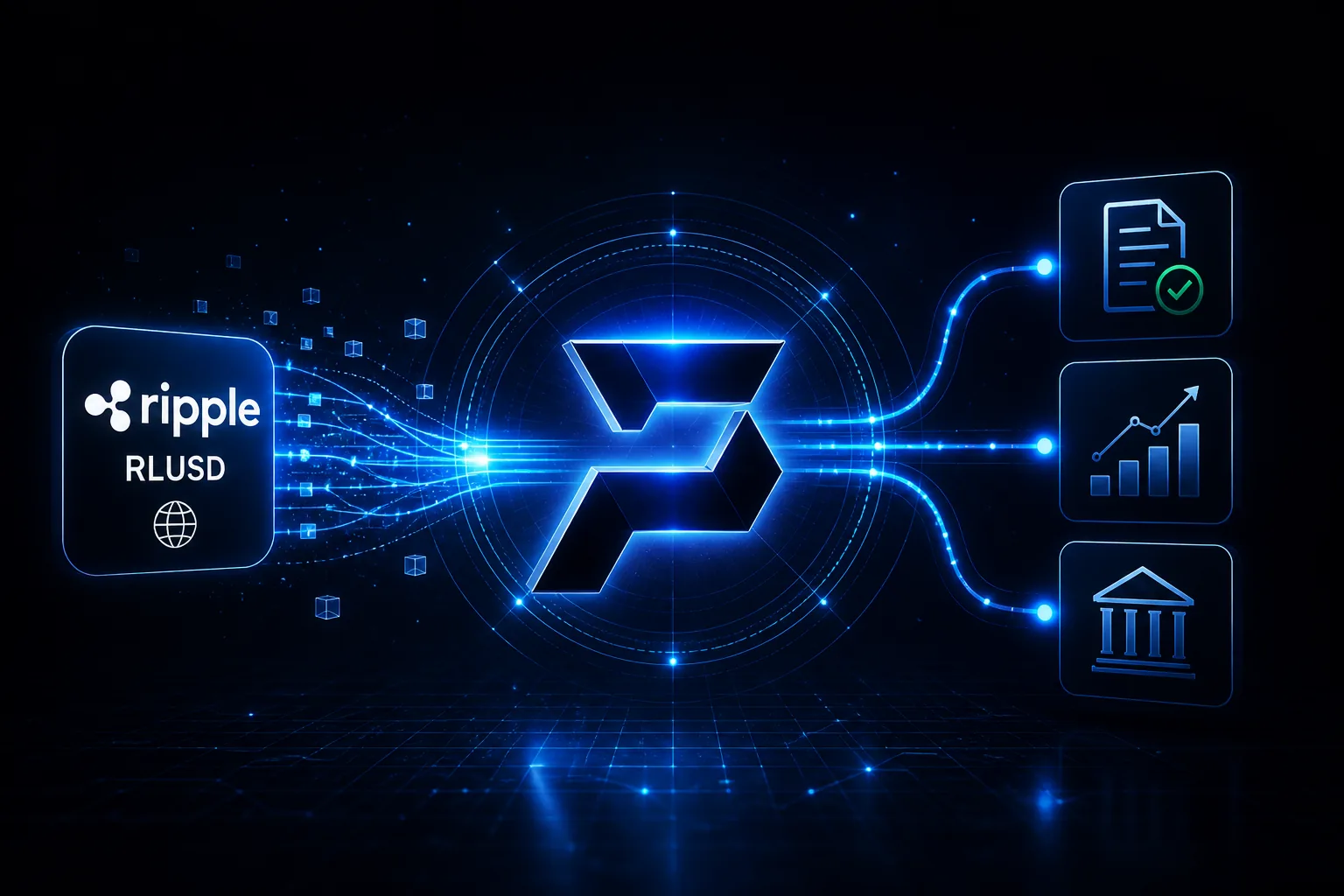 Schematische Darstellung des Platrion RLUSD Zahlungsflusses: Ripple RLUSD links, Platrion Logo zentral mit blauem Energiefeld, rechts die Ausgabe Pfade zu Vertrag, Wachstumschart und Bank Buchhaltung