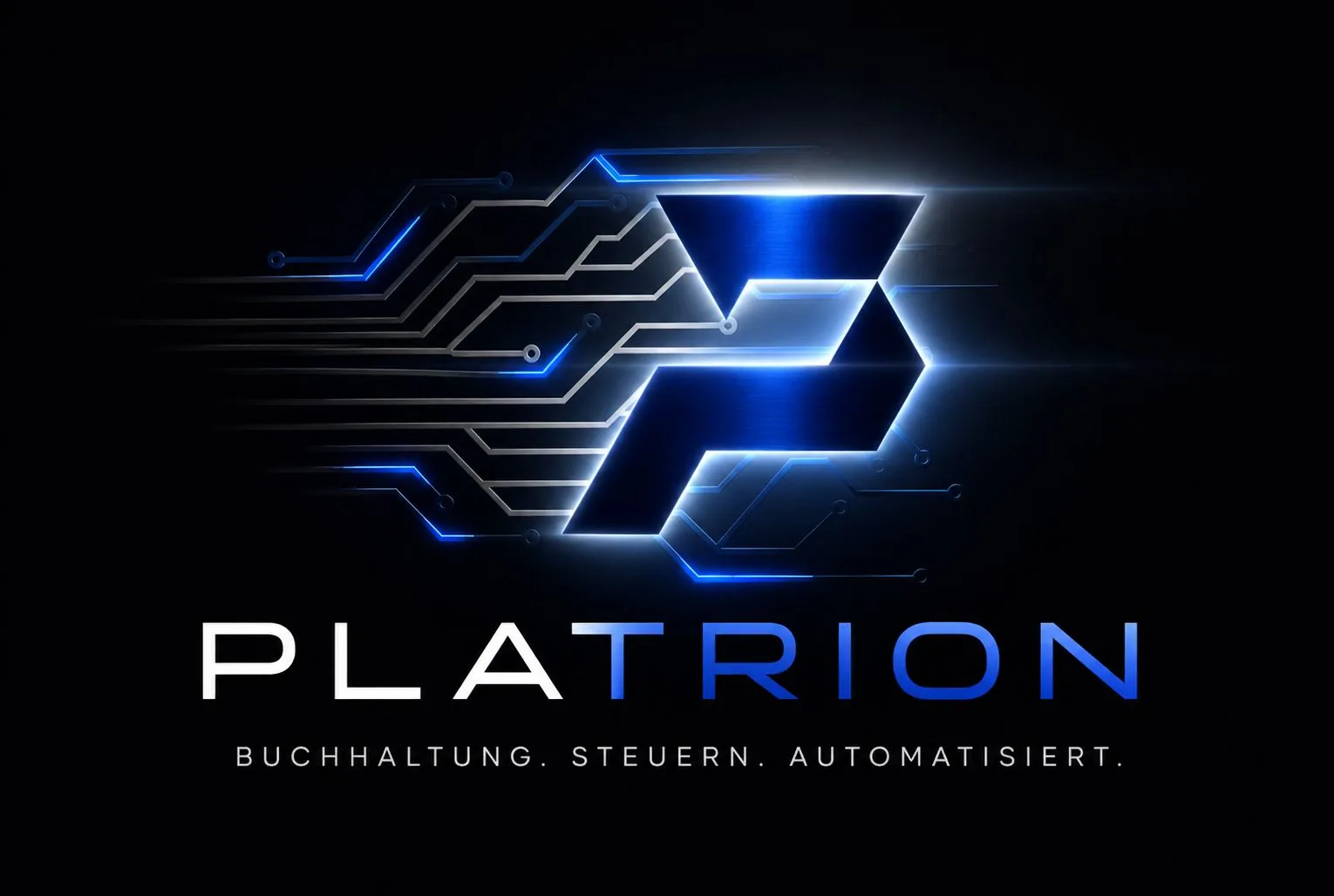 Platrion Logo mit Schriftzug Buchhaltung Steuern Automatisiert auf dunklem Hintergrund
